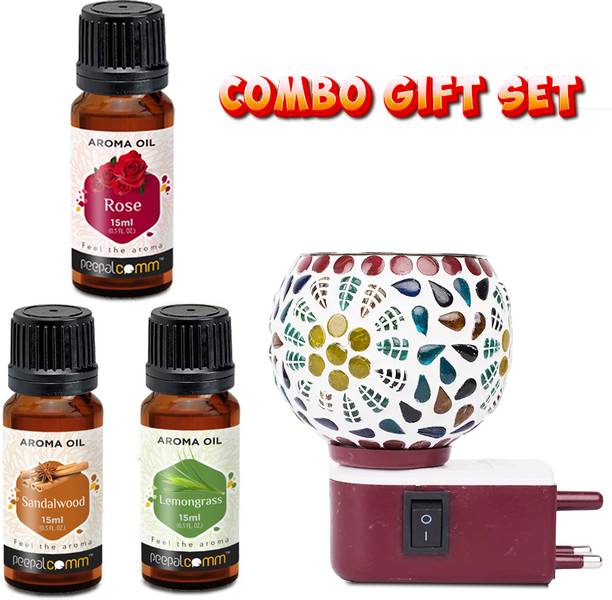 PeepalComm ComboPack Gift-Premium Home Scented Plug In Electric Oil Burner Lamp With 45ml Aroma Oil, Diffuser Set Premium Plug In Electric Oil Burner Lamp With 3 Oil Set 15ml Each Rose Saadalwood Lemon Grass ( Assorted Design Shipped As Per Availability )S2