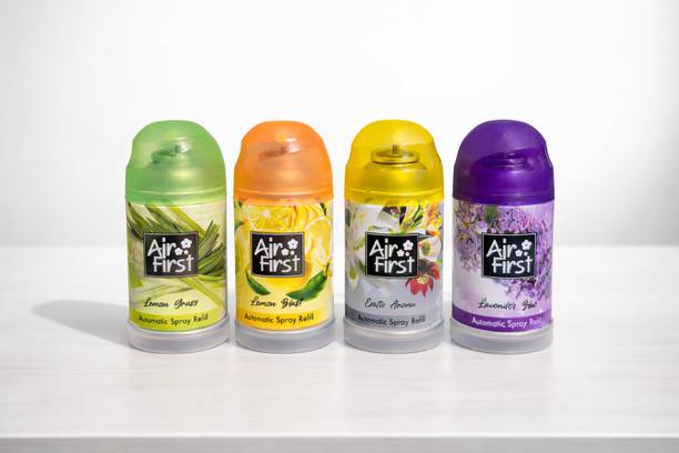 Air first EXOTIC AROMA, LAVENDER, LEMON, LEMON GRASS Automatic Spray Automatic Spray Refill – Lemon Grass | Lemon Blast | Exotic Aroma | Lavender Blue (Automatic Air Freshener Refill Can)