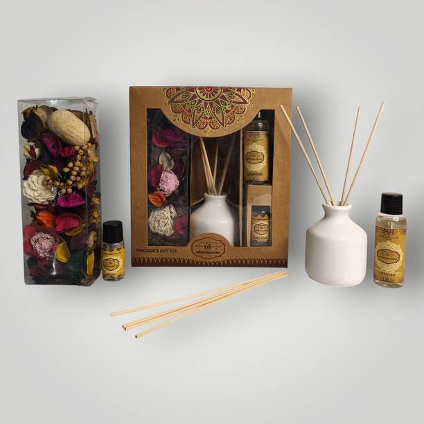 IMPERIUM AROMA Lavender Reed Diffuser Gift Set| 50 ml Oil | Aromatherapy Diffuser, Potpourri 50 g with 15 ml Refresher | 8 Rattan Sticks | Soft Aroma for Home & Offices