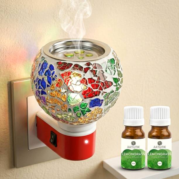 Aatiutik Lemongrass Fragrance Air Freshener Diffuser Electric Mosaic Kapoor Dani Camphor Diffuser with Aroma Oils (10ml Each) | Plug-in Ceramic Room Freshener Machine electric Camphor Burner & Essential Oil Diffuser | Night Light Lamp | Room Freshener for Home, Office & Puja Room