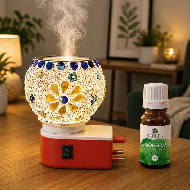 Aatiutik Lemongrass Fragrance Air Freshener Diffuser Set Electric Kapoor Dani Camphor Diffuser with Decorative Mosaic Ceramic Bowl | Camphor Burner for Home Fragrance, Pooja & Air Purification | Night Lamp Aroma Diffuser