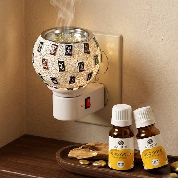Aatiutik Oud Gold Home Fragrance Air Freshener Diffuser Kapoor Dani Camphor Diffuser Electric Aroma Burner for Home Hotel Pooja Room Office| Night Lamp Light | Camphor & Essential Oil Diffuser with Decorative Design