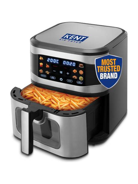 KENT Digital Air Fryer 8L | 1700W | Bake, Grill & Roast | Up to 80% Less Oil Usage | 7 Preset Menu | Digital Display & Touch Control Panel | Glass Window with in built Light | Auto Cut-Off Silver Air Fryer