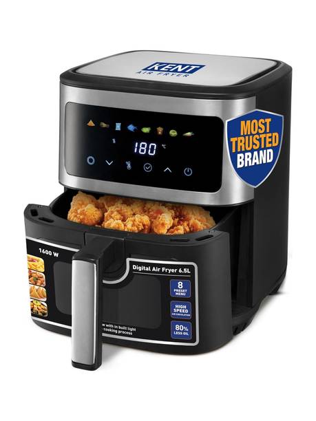 KENT Digital Air Fryer 6.5L |600W,Bake,Grill & Roast,Up To 80% Less Oil Usage,Rapid Heat Circulation,8 Preset Menu,Digital Display & Touch Control Panel,Glass Window With In Built Light,Black Air Fryer