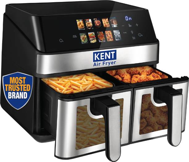 KENT Digital Air Fryer 10L 2000W Up to 80% Less Oil Usage 10 Preset Menu Digital Display & Touch Control Panel Glass Window with in built Light Dual Basket for Cooking 2 Dishes Simultaneously Air Fryer
