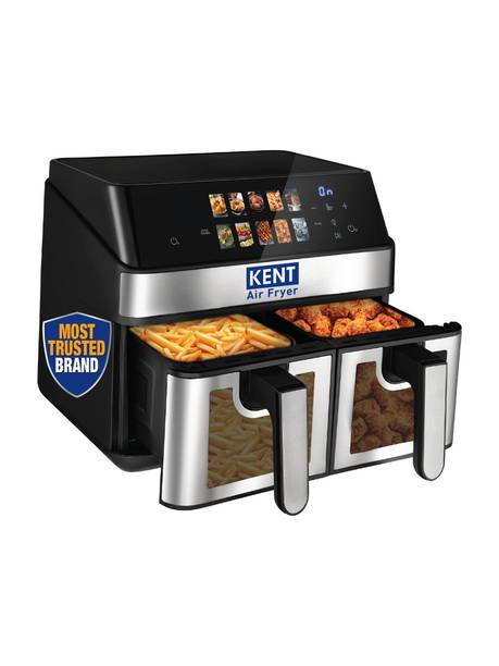 KENT Digital Air Fryer 10L 2000W Up to 80% Less Oil Usage 10 Preset Menu Digital Display & Touch Control Panel Glass Window with in built Light Dual Basket for Cooking 2 Dishes Simultaneously Air Fryer