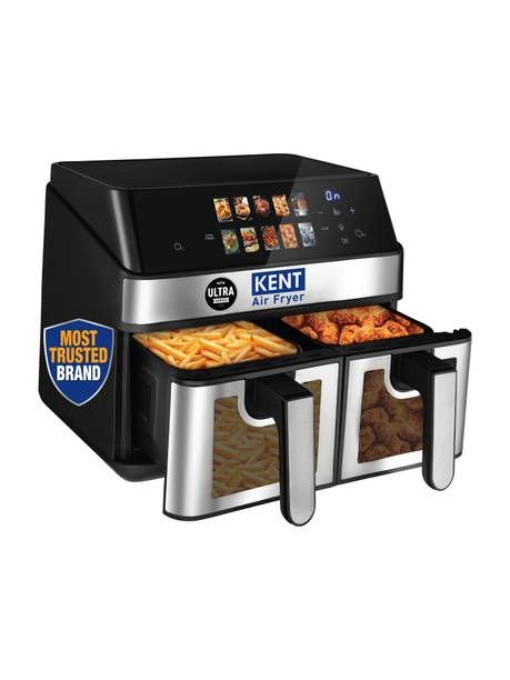 KENT Ultra Digital Air Fryer 10L 2000W Up to 80% Less Oil Usage 10 Preset Menu Digital Display & Touch Control Panel Glass Window with in built Light Dual Basket for Cooking 2 Dishes Simultaneously Air Fryer