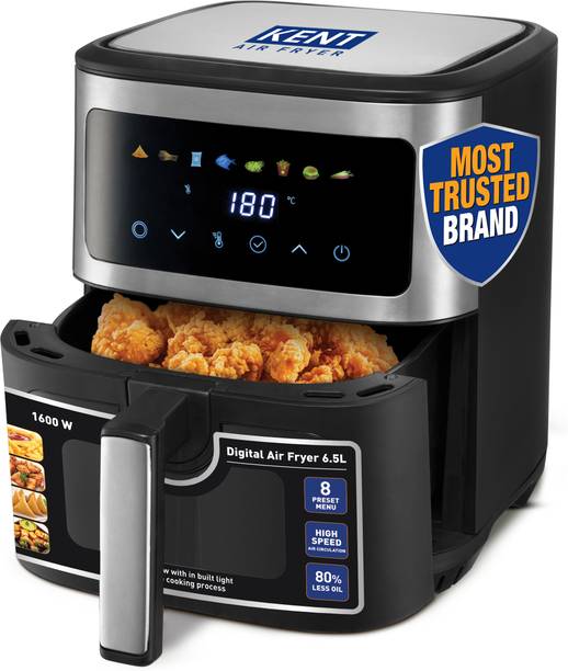 KENT Digital Air Fryer 6.5L |600W,Bake,Grill & Roast,Up To 80% Less Oil Usage,Rapid Heat Circulation,8 Preset Menu,Digital Display & Touch Control Panel,Glass Window With In Built Light,Black Air Fryer