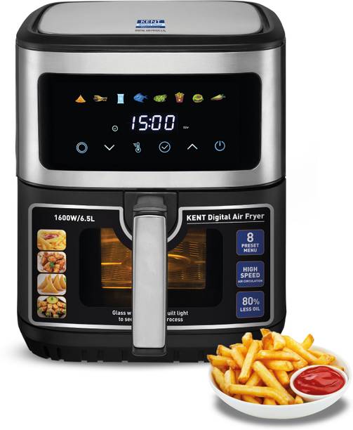 KENT Digital Air Fryer 6.5L |600W,Bake,Grill & Roast,Up To 80% Less Oil Usage,Rapid Heat Circulation,8 Preset Menu,Digital Display & Touch Control Panel,Glass Window With In Built Light,Black Air Fryer