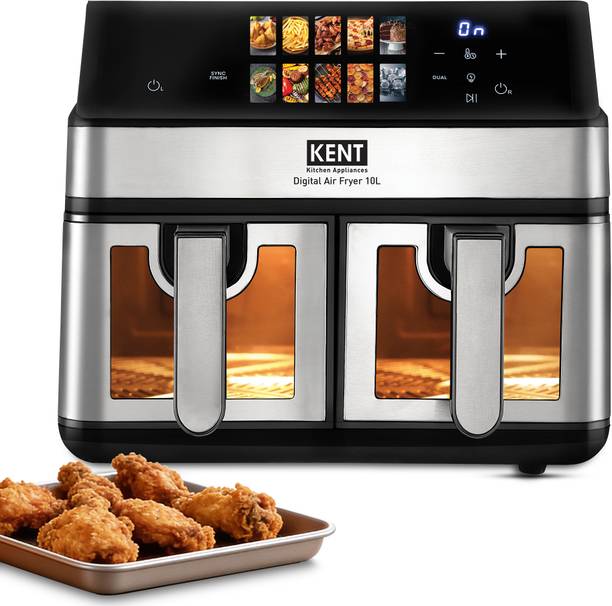 KENT Digital Air Fryer 10L 2000W Up to 80% Less Oil Usage 10 Preset Menu Digital Display & Touch Control Panel Glass Window with in built Light Dual Basket for Cooking 2 Dishes Simultaneously Air Fryer