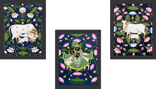 Decor Smart Krishna Cow Pichwai Wall Painting Set of 3 Frames Home Decor (PFDS_3PCS_1582B) NA 13 inch x 10 inch Painting