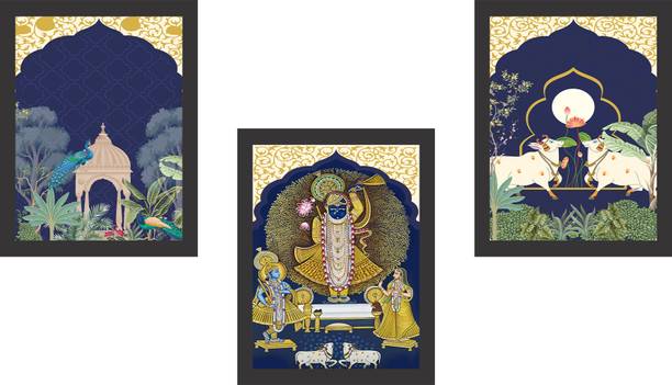 Ranovaa Spiritual Wall Decor Set of 3 Frames Krishna Pichwai Theme (PFDS_3PCS_1572B) NA 13 inch x 10 inch Painting