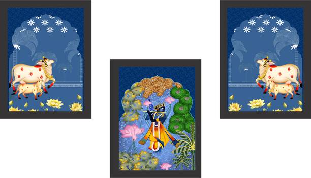 Decor Smart Krishna Pichwai Cow Spiritual Wall Painting Set of 3 Frames (PFDS_3PCS_1560B) NA 13 inch x 10 inch Painting