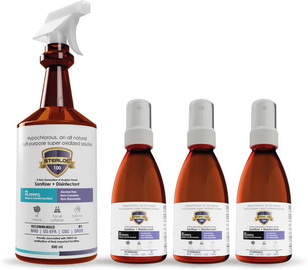sterloc Hospital Grade Non-Alcoholic Sanitizer & Disinfectant for Muti-Purpose Surface, Safe for Skin, Fruit & Vegetables - Combo 500 ml + 3x100ml