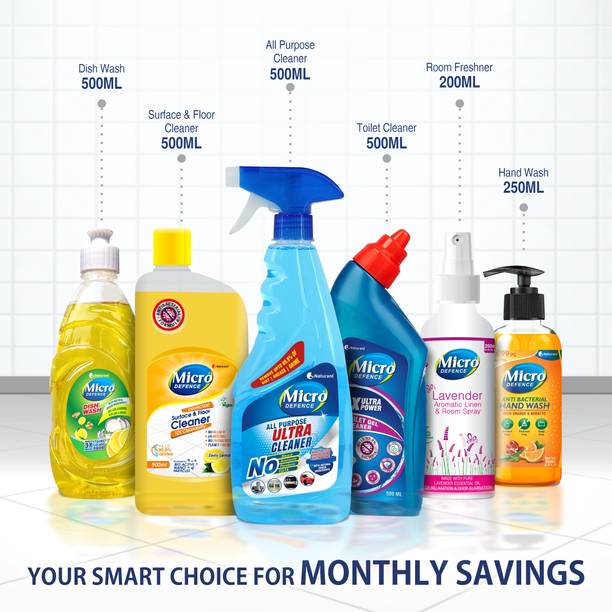 MicroDefence Glass,Toilet & Floor Cleaner|Hand & Dish Wash|One Month Combo Pack|
