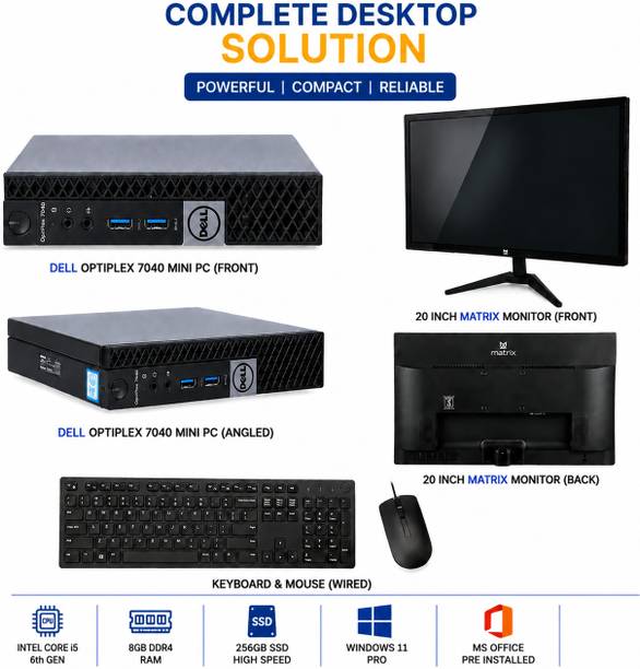 DELL 6th genrations Core i5 (6th Gen) (8 GB DDR4/256 GB SSD/Windows 11 Home/22 Inch Screen/22"monitor Optiplex 7040 Micro i5-6400T keyboard mouse) with MS Office