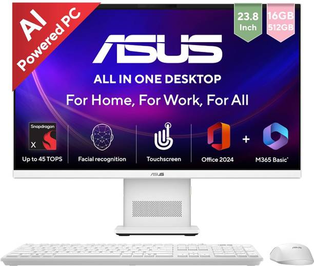 ASUS AiO V400 Series,VM441QA-TWAP001WS,Touch screen, MSO 2024 + M365 Basic*, Snapdragon X (16 GB LPDDR5/512 GB SSD/Windows 11 Home/23.8 Inch Screen/VM441QA-TWAP001WS)