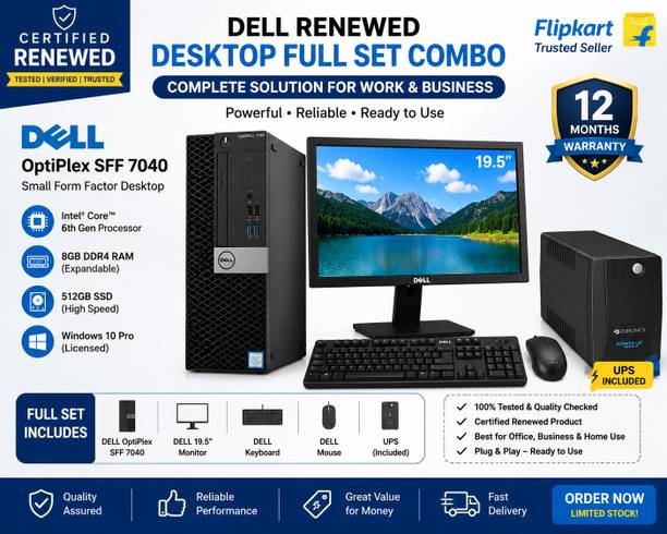 DELL 6th Core i5 (6th Gen) (8 GB DDR4/511 GB SSD/Windows 11 Home/1.5 Inch Screen/Renewed OptiPlex SFF Desktop Combo – FHD Monitor | UPS Included) with MS Office