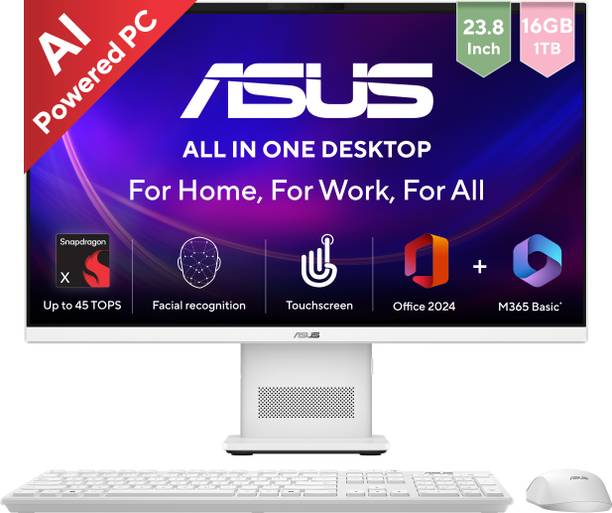 ASUS AiO V400 Series,VM441QA-TWAP002WS,Touch screen, MSO 2024 + M365 Basic*, Snapdragon X (16 GB LPDDR5/1 TB SSD/Windows 11 Home/23.8 Inch Screen/VM441QA-TWAP002WS)
