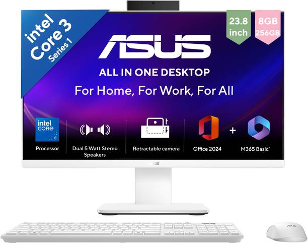 ASUS AiO V400 Series,(2026) with Office 2024 + M365 Basic*, (i3 14th Gen) Core 3 (8 GB DDR5/256 GB SSD/Windows 11 Home/23.8 Inch Screen/V440VAB-KWC3006WS) with MS Office