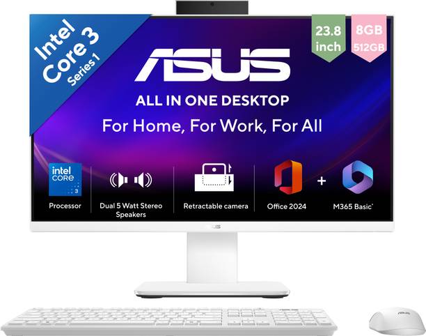 ASUS AiO V400 Series,(2026) with Office 2024 + M365 Basic* , (i3 14th Gen) Core 3 (8 GB DDR5/512 GB SSD/Windows 11 Home/23.8 Inch Screen/V440VAB-KWC3001WS)