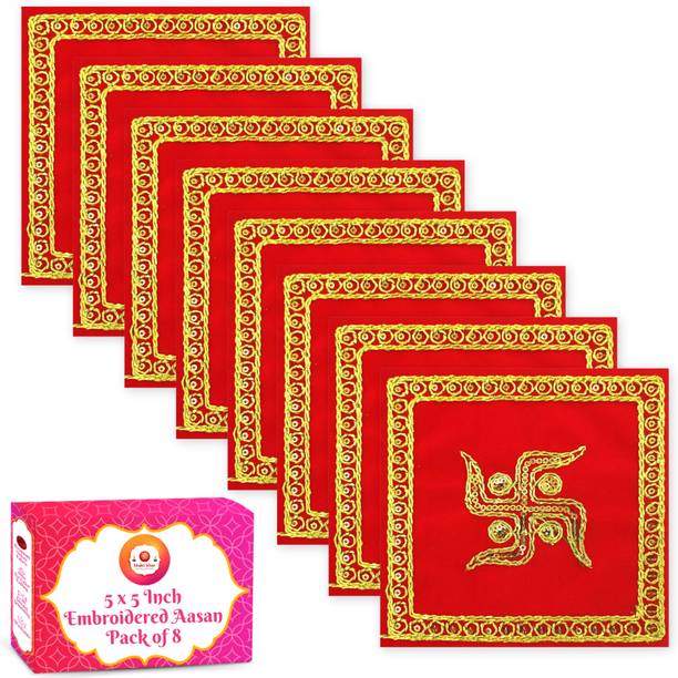 Bhakti Lehar (Size: 5" X 5" Inch) Small Swastik Zari Design Red Velvet Chowki Aasan Cloth for Puja, Home Mandir, Temple and God Idol Sitting Altar Cloth