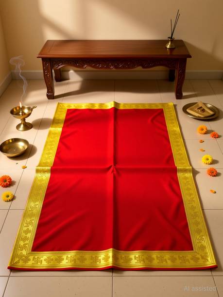 Bhakti Lehar ( Size: 1/2 Meter ) Large Size Long Velvet Red Pooja Aasan Chowki Altar Cloth