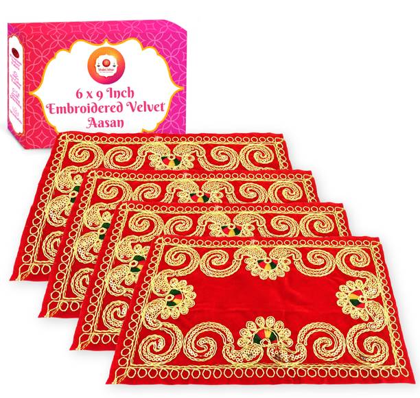 Bhakti Lehar ( Size: 6" X 9" Inch ) Embroidered Red Velvet Pooja Aasan Cloth / Pooja Aasan Kapda / Pooja Chowki Altar Cloth for Home Mandir, Temple, God & Goddess Asana Altar Cloth
