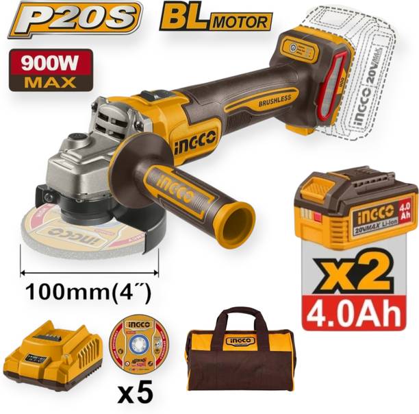 INGCO 900W Cordless Angle Grinder with 2Pcs 4ah Batteries, Fast Charger & Toolbag Angle Grinder