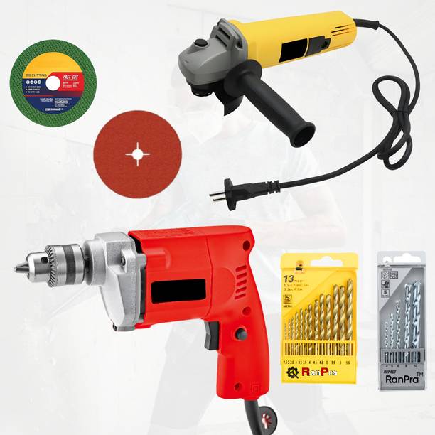 RanPra COMBO | 4INCH ANGLE GRINDER | 10mm DRILL MACHINE | 2 WHEEL AND DRILL BIT SET | Angle Grinder
