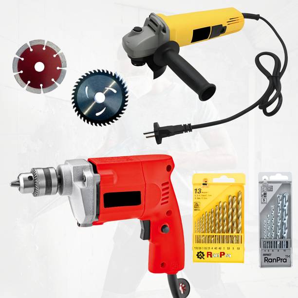 RanPra COMBO | 4INCH ANGLE GRINDER | 10mm DRILL MACHINE | 2 BLADES AND DRILL BIT SET | Angle Grinder