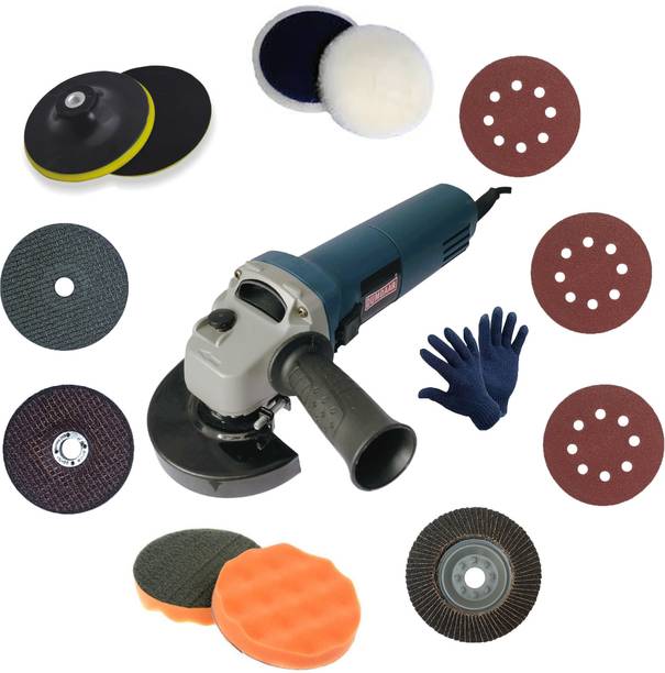 DUMDAAR Heavy duty Electric Angle Grinder Machine with 1pair Glove 3pc Vecro pad 1pc Cutting and Grinding wheel 1p 5inch Wool Pad 1pc Flap wheel and 1pc 5inch Backing Pad 1pc 5inch Buffing (Phome) pad (100 mm Wheel Diameter) Angle Grinder