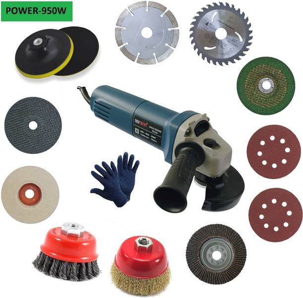 Inditrust Electric Angle Grinder Machine with 1pair Glove 2pc Vecro pad 1pc 4inch (Felt Flap Metal Cutting Grinding Marble Wood Wheel ) 1p 5inch Backing Pad 2pc 3inch Golden and Twisted Cup brush set Angle Grinder