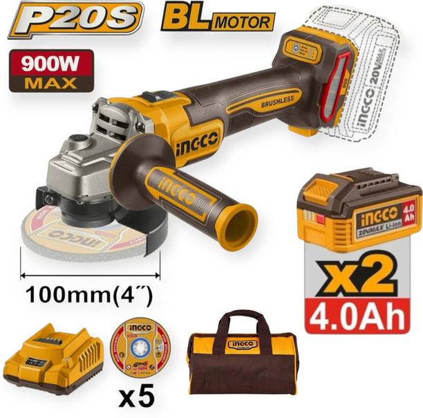 INGCO 900W Cordless Angle Grinder 2×4.0Ah Battery Fast Charger Brushless Heavy Duty Angle Grinder