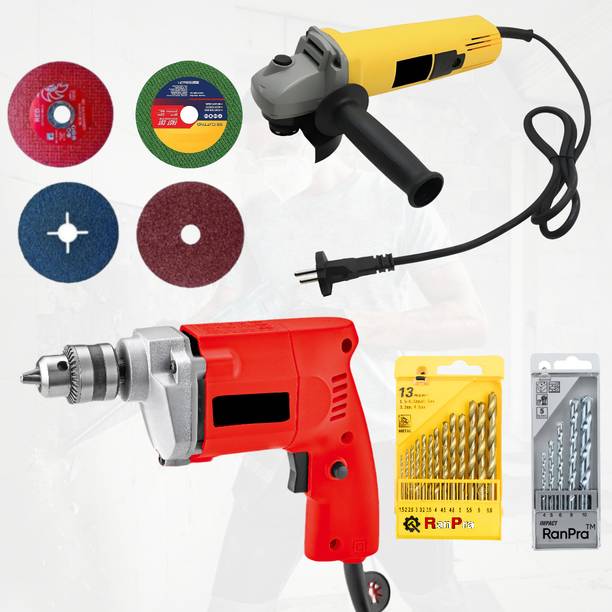 RanPra COMBO | 4INCH ANGLE GRINDER | 10mm DRILL MACHINE | DRILL BIT SET AND 4 BLADES | Angle Grinder