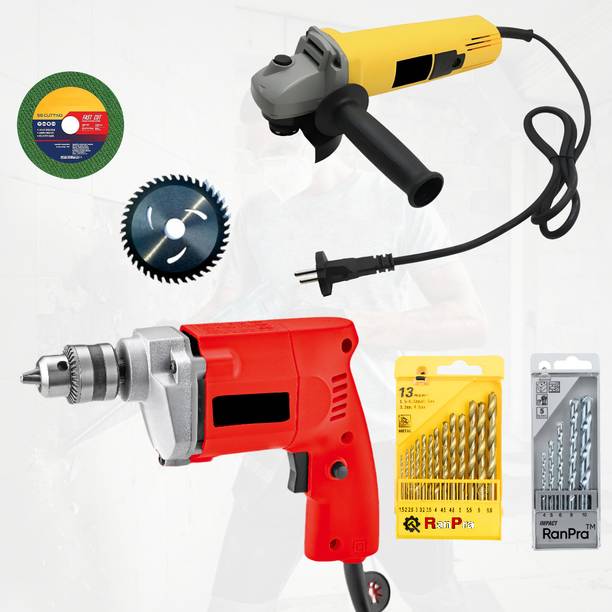 RanPra COMBO |ANGLE GRINDER | 10mm DRILL MACHINE | 2 BLADES AND DRILL BIT SET | Angle Grinder