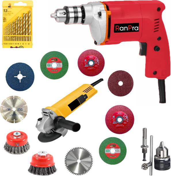 RanPra COMBO OF 4 INCH ANGLE GRINDER AND 10MM DRILL MACHINE WITH 13PCS DRILL BIT SET Angle Grinder