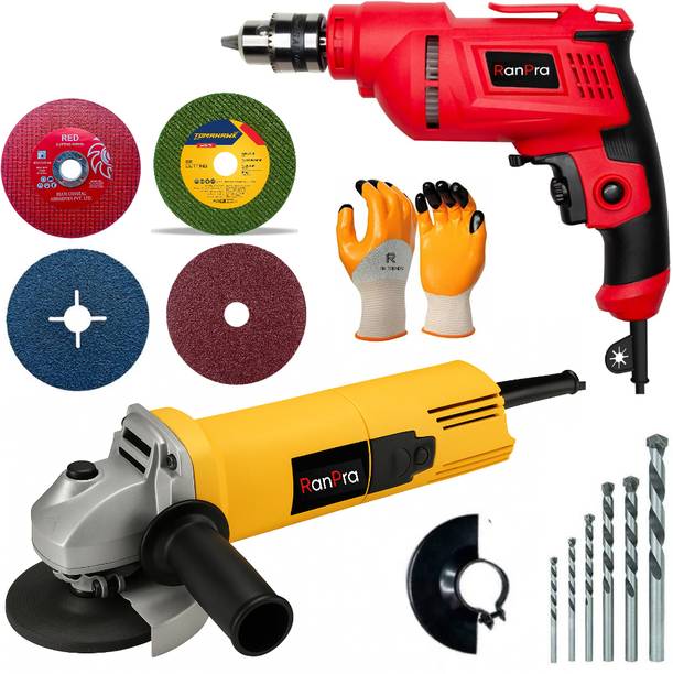 RanPra COMBO OF 10MM DRILL MACHINE| 4INCH ANGLE GRINDER| 5PCS BIT|SAFETY GLOVES Angle Grinder