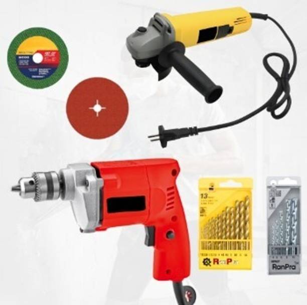 RanPra 10MM DRILL MACHINE WITH 4 INCH ANGLE GRINDER | 2 WHEEL, 13&5PCS DRILL BIT | Angle Grinder