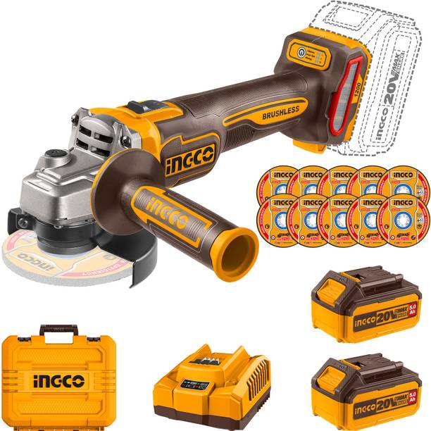 INGCO 20V Cordless Angle Grinder, Brushless, with 2 Pcs 5.0Ah Batteries and Charger, Angle Grinder