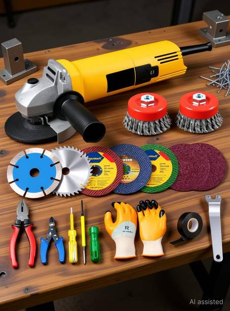 RanPra 850 WATT 4 INCH ANGLE GRINDER WITH 8 WHEEL 2 CUP BRUSH AND 6 HAND TOOL Angle Grinder