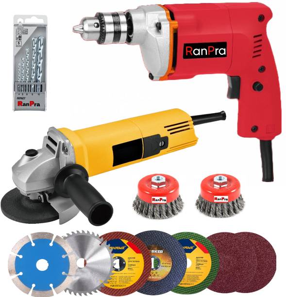 RanPra ANGLE GRINDER AND 10MM DRILL MACHINE WITH 8PCS WHEEL 2 CUP BRUSH 5PCS DRILL BIT Angle Grinder