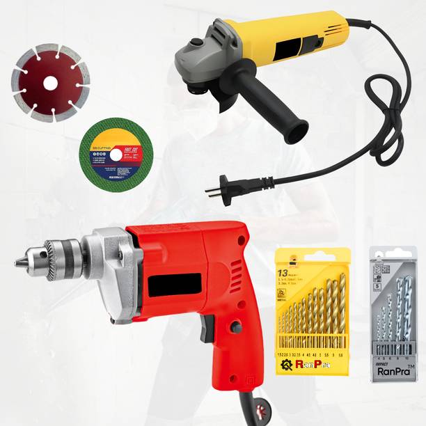 RanPra COMBO | ANGLE GRINDER | 10mm DRILL MACHINE | 2 BLADES AND DRILL BIT SET | Angle Grinder