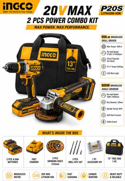 INGCO 20V Brushless Grinder & Drill Combo Kit Angle Grinder