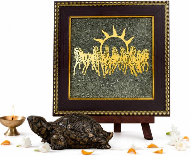 Rudrakesha Rudrakesha Pyrite Tortoise and Seven Horses Frame Combo Decorative Showpiece  -  5 cm