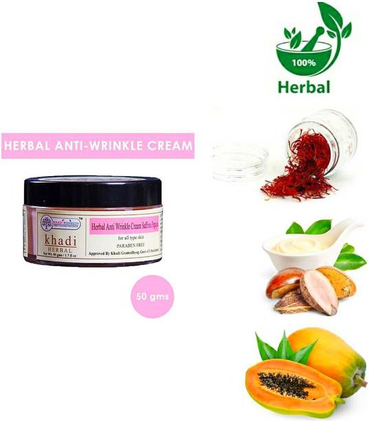 Khadi Rishikesh Herbal Anti Wrinkle Cream Saffron Papaya, anti aging cream is the result of acombination of natural oils and botanical extract that gradually restore the radiant appearance of skin, minimizing signs of aging and dark spot.it is enriched with vitamin c & e to protect skin from the damgeing effect of free redicalsPrabeen Free (50 g)