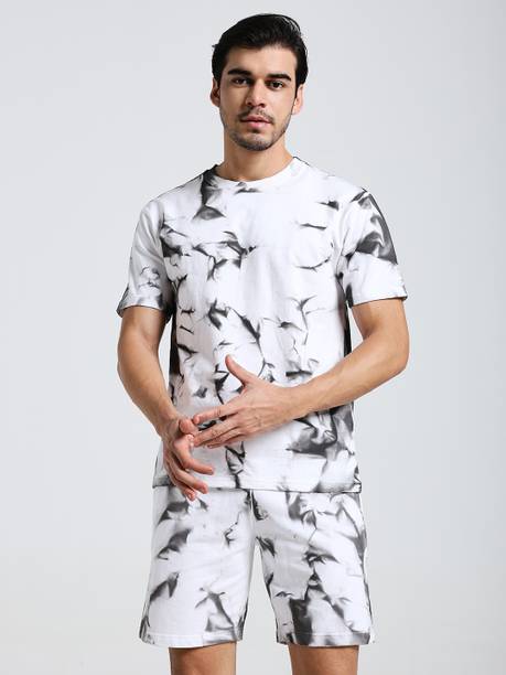 Men Night Suit Set White Printed