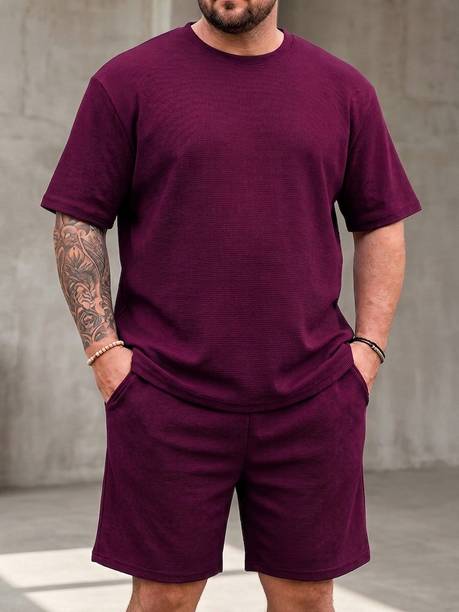 Vogaan Men Top & Shorts Set Purple Self Design