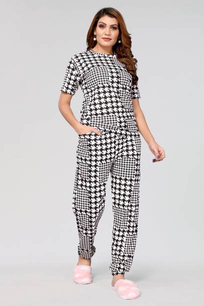 VJ Fashion Women Printed Black White Night Suit Set