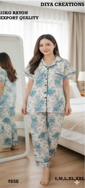 Roshan's Creations Women Blue Floral Print Shirt & Pyjama Set